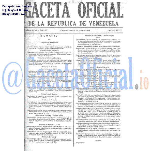Gaceta Oficial 35995 del 8 Julio 1996
