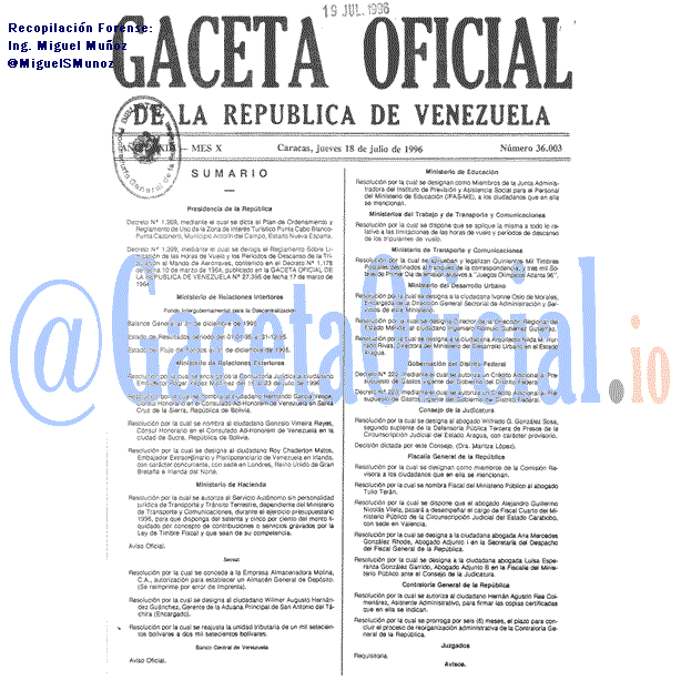Gaceta Oficial 36003 del 18 Julio 1996