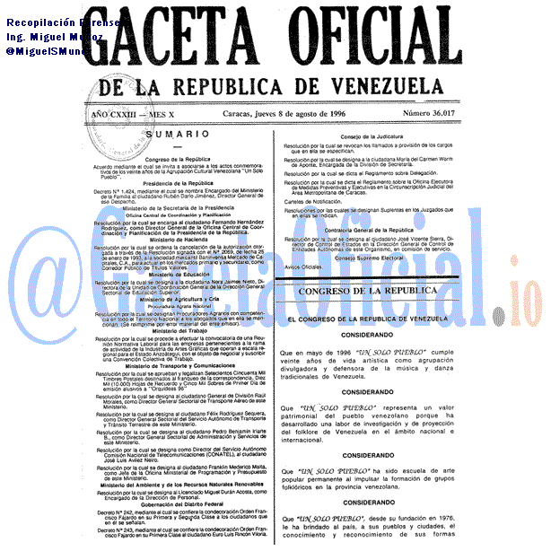 Gaceta Oficial 36017 del 8 Agosto 1996