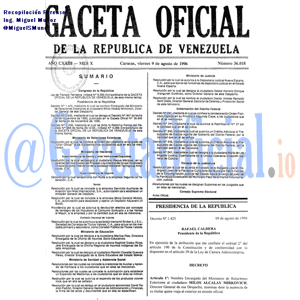 Gaceta Oficial 36018 del 9 Agosto 1996