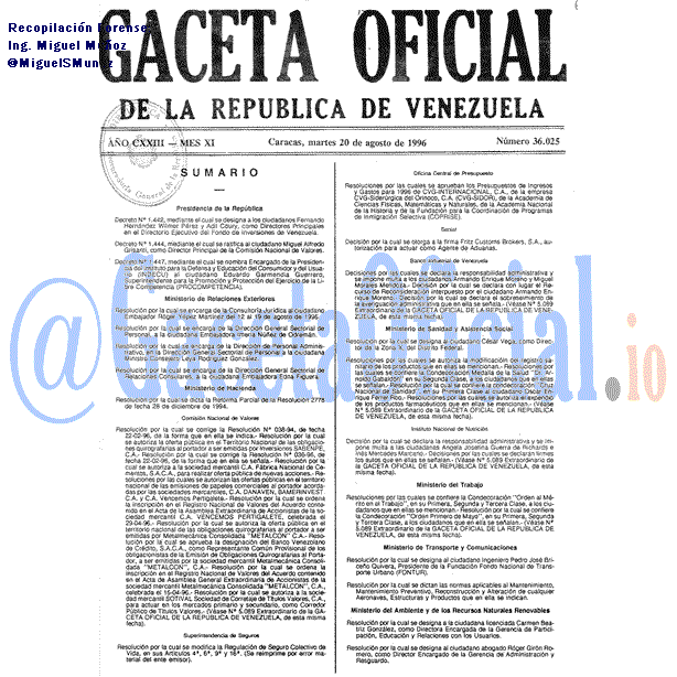 Gaceta Oficial 36025 del 20 Agosto 1996