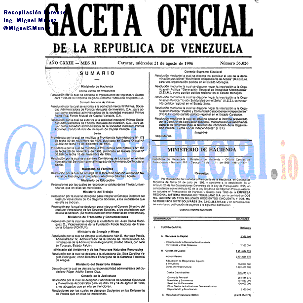 Gaceta Oficial 36026 del 21 Agosto 1996
