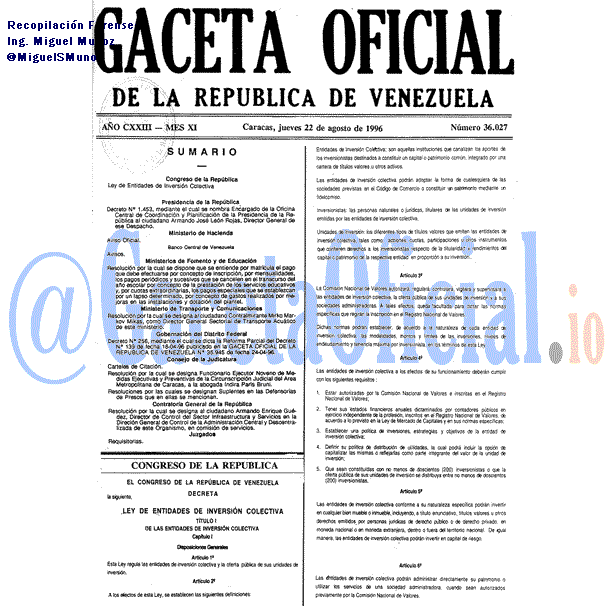 Gaceta Oficial 36027 del 22 Agosto 1996