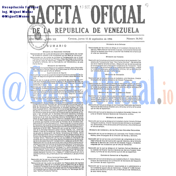 Gaceta Oficial 36042 del 12 Septiembre 1996