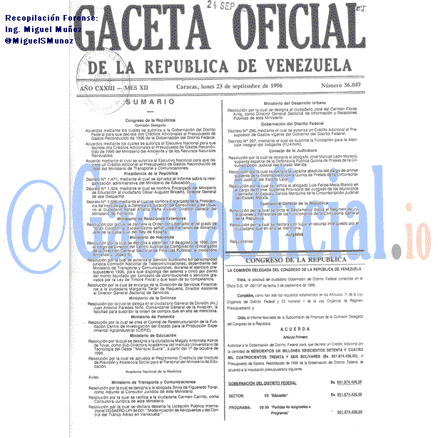 Gaceta Oficial 36049 del 23 Septiembre 1996