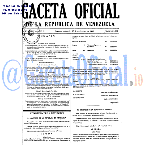 Gaceta Oficial 36085 del 13 Noviembre 1996