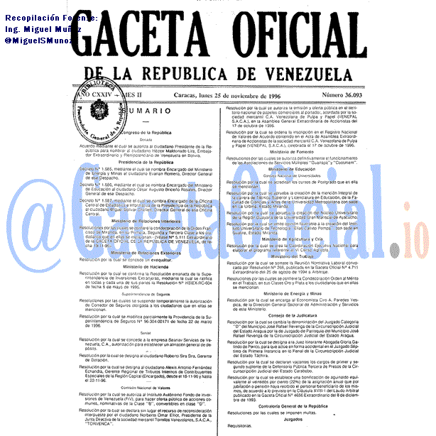 Gaceta Oficial 36093 del 25 Noviembre 1996