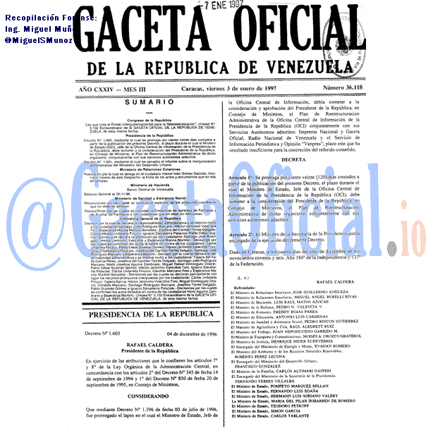Gaceta Oficial 36118 del 3 Enero 1997
