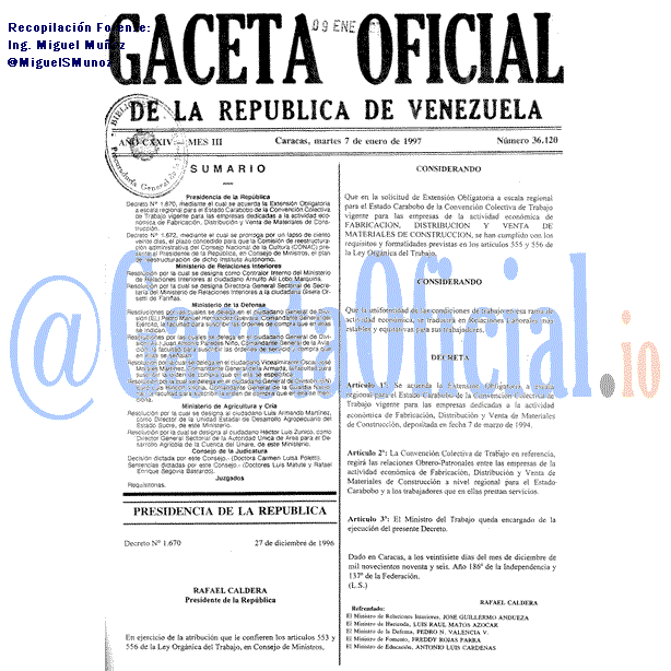 Gaceta Oficial 36120 del 7 Enero 1997