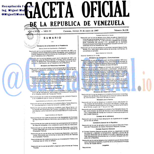 Gaceta Oficial 36138 del 31 Enero 1997
