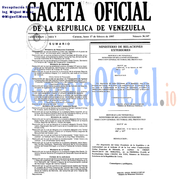 Gaceta Oficial 36147 del 17 Febrero 1997