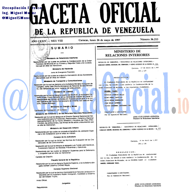 Gaceta Oficial 36213 del 26 Mayo 1997
