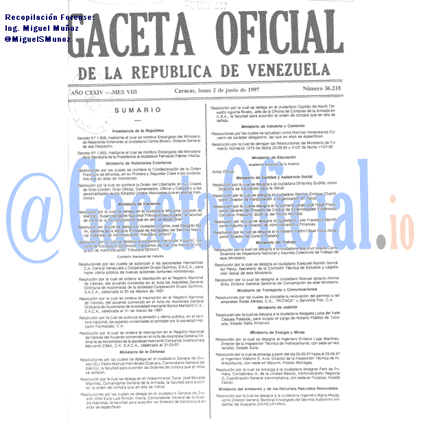 Gaceta Oficial 36218 del 2 Junio 1997
