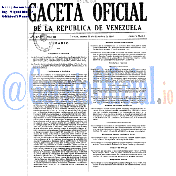 Gaceta Oficial 36364 del 30 Diciembre 1997