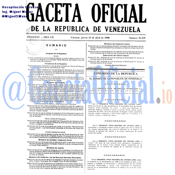 Gaceta Oficial 36439 del 23 Abril 1998