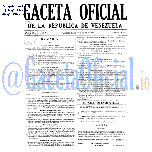 Gaceta Oficial 36441 del 27 Abril 1998