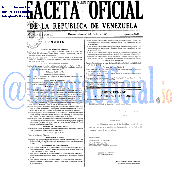 Gaceta Oficial 36474 del 12 Junio 1998