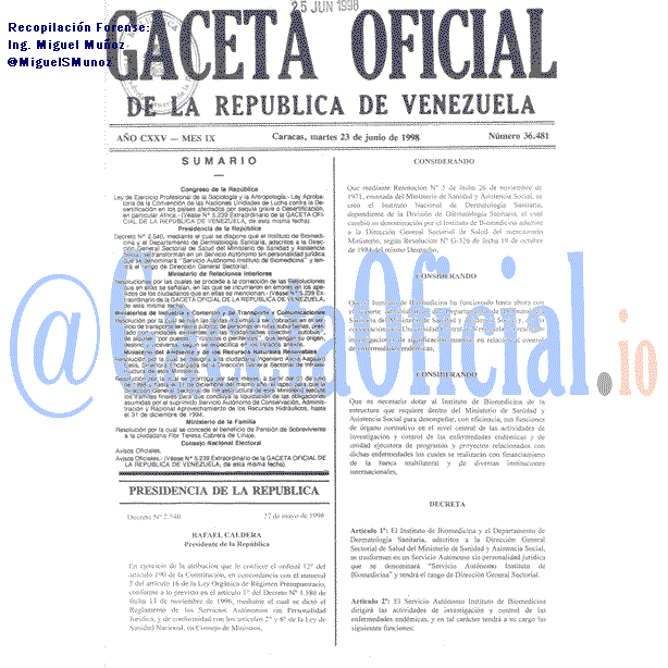 Gaceta Oficial 36481 del 23 Junio 1998