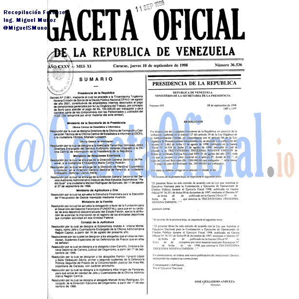 Gaceta Oficial 36536 del 10 Septiembre 1998