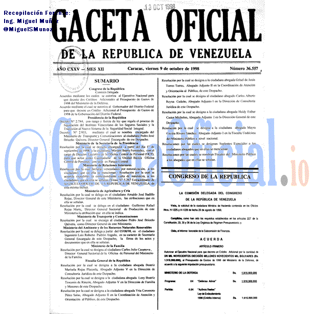 Gaceta Oficial 36557 del 9 Octubre 1998