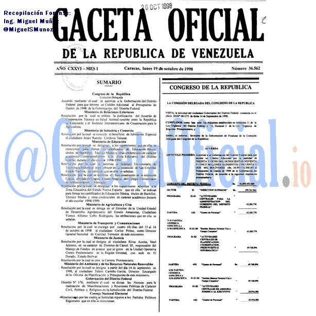 Gaceta Oficial 36562 del 19 Octubre 1998