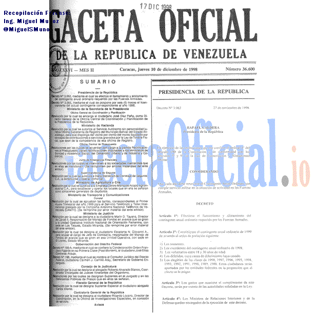 Gaceta Oficial 36600 del 10 Diciembre 1998