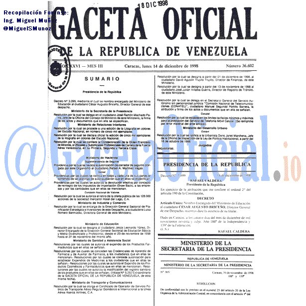 Gaceta Oficial 36602 del 14 Diciembre 1998