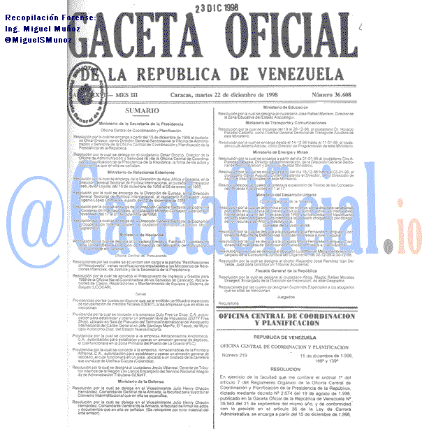 Gaceta Oficial 36608 del 22 Diciembre 1998