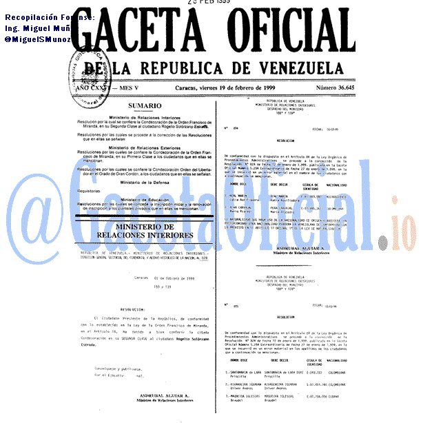 Gaceta Oficial 36645 del 19 Febrero 1999