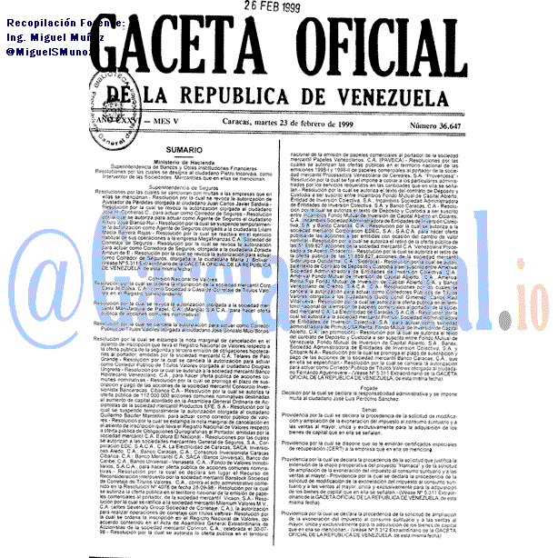 Gaceta Oficial 36647 del 23 Febrero 1999