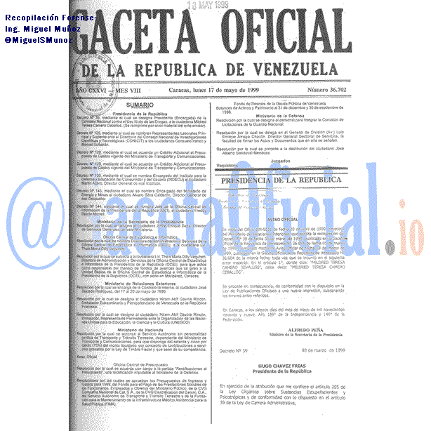 Gaceta Oficial 36702 del 17 Mayo 1999