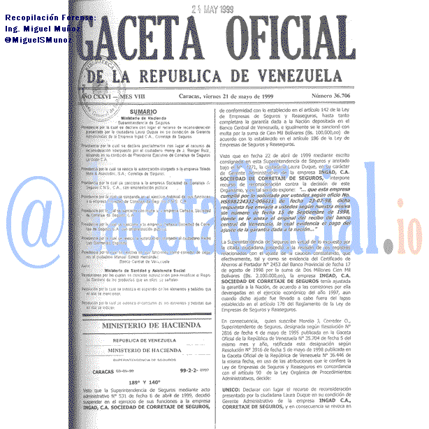 Gaceta Oficial 36706 del 21 Mayo 1999
