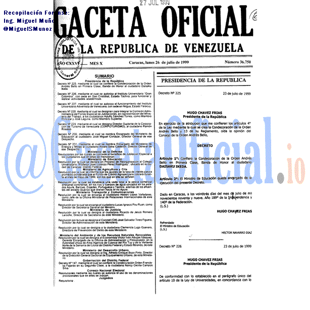 Gaceta Oficial 36750 del 26 Julio 1999