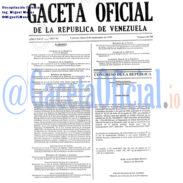 Gaceta Oficial 36780 del 6 Septiembre 1999