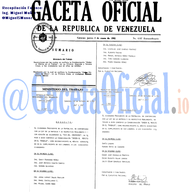 Gaceta Oficial 4357 del 2 Enero 1992