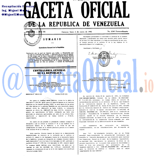Gaceta Oficial 4361 del 6 Enero 1992