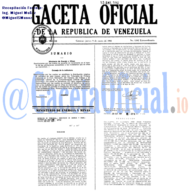 Gaceta Oficial 4362 del 9 Enero 1992