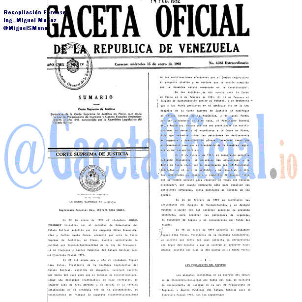 Gaceta Oficial 4363 del 15 Enero 1992