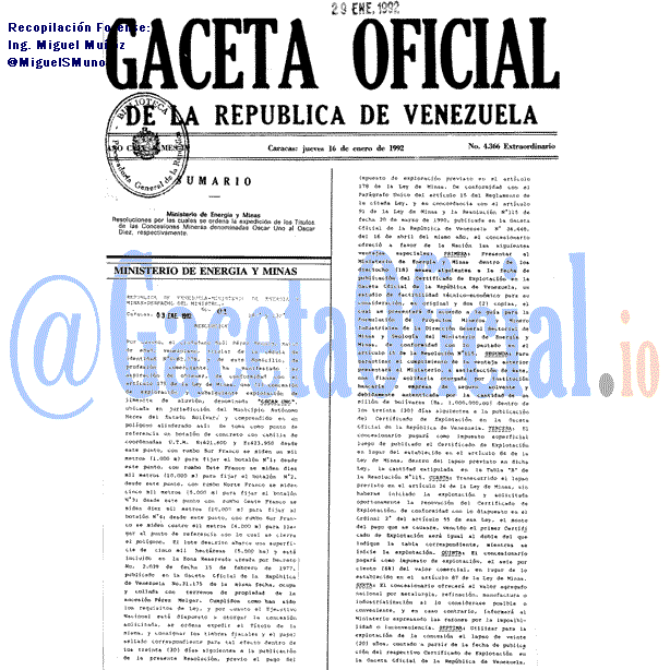 Gaceta Oficial 4366 del 16 Enero 1992