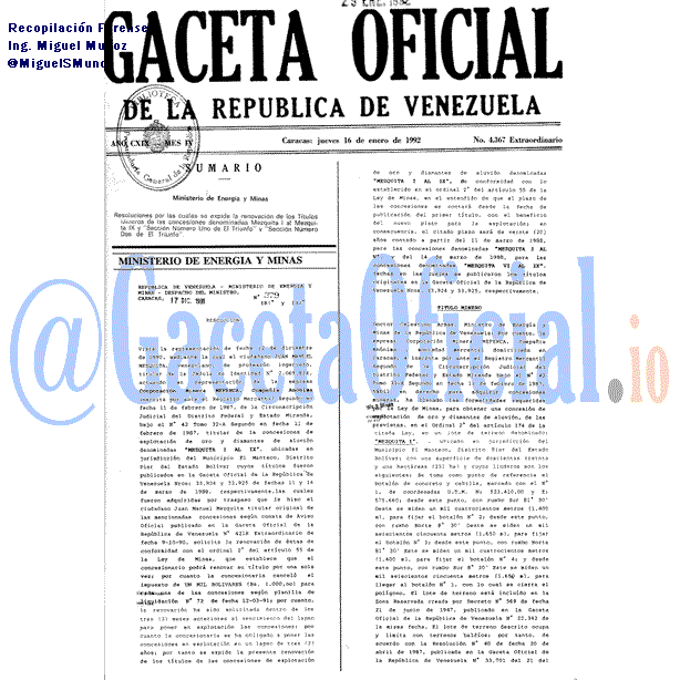 Gaceta Oficial 4367 del 16 Enero 1992