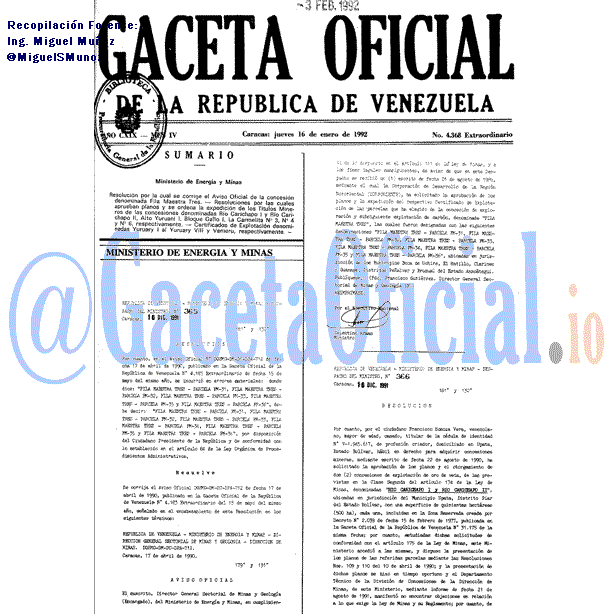 Gaceta Oficial 4368 del 16 Enero 1992