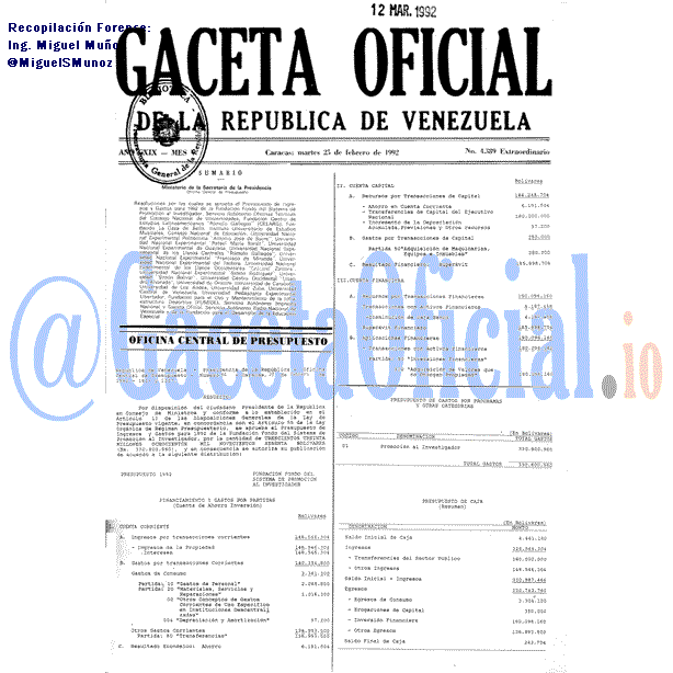 Gaceta Oficial 4389 del 25 Febrero 1992