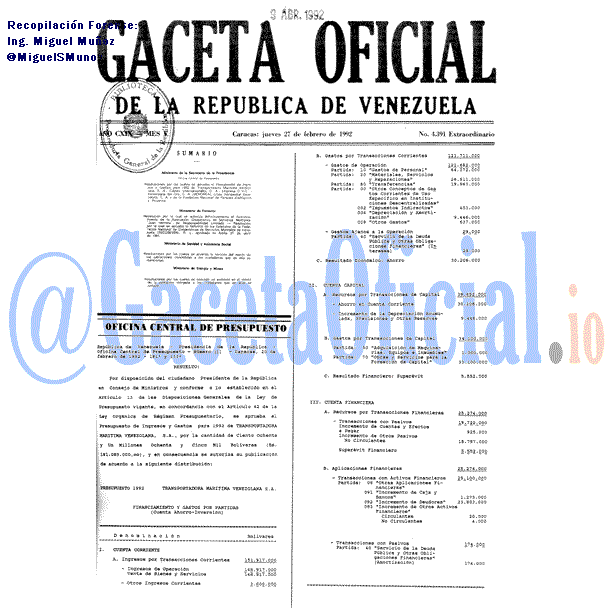 Gaceta Oficial 4391 del 27 Febrero 1992