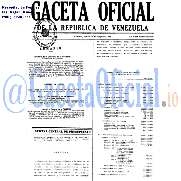 Gaceta Oficial 4431 del 26 Mayo 1992