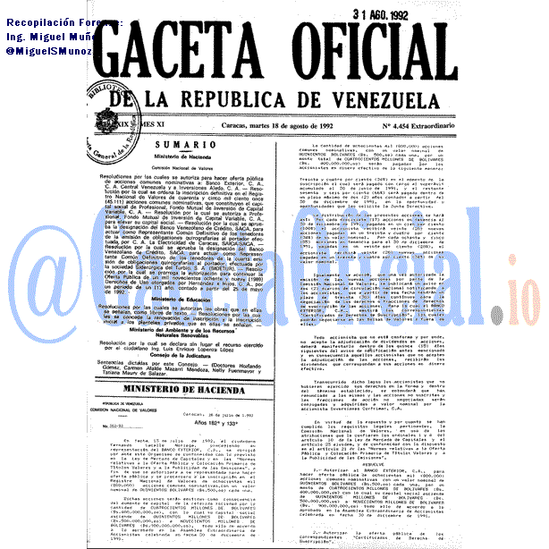 Gaceta Oficial 4454 del 18 Agosto 1992