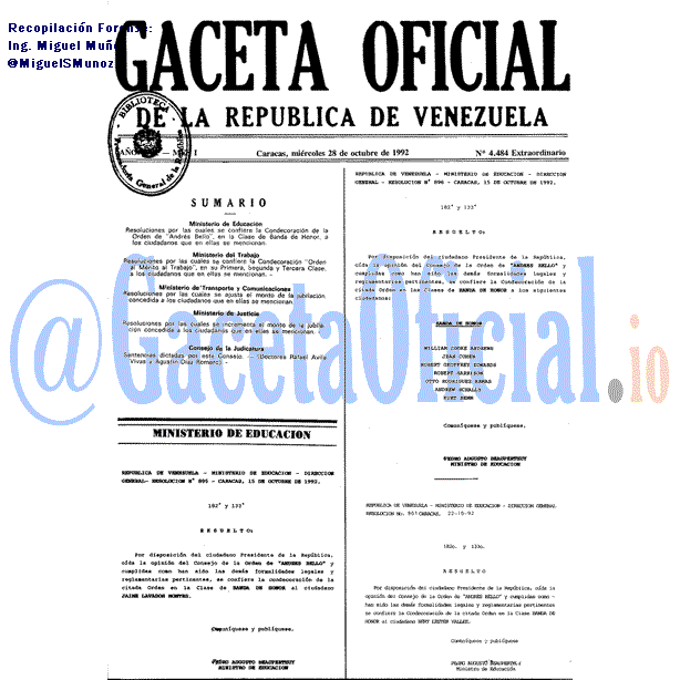 Gaceta Oficial 4484 del 28 Octubre 1992