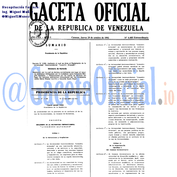 Gaceta Oficial 4485 del 29 Octubre 1992