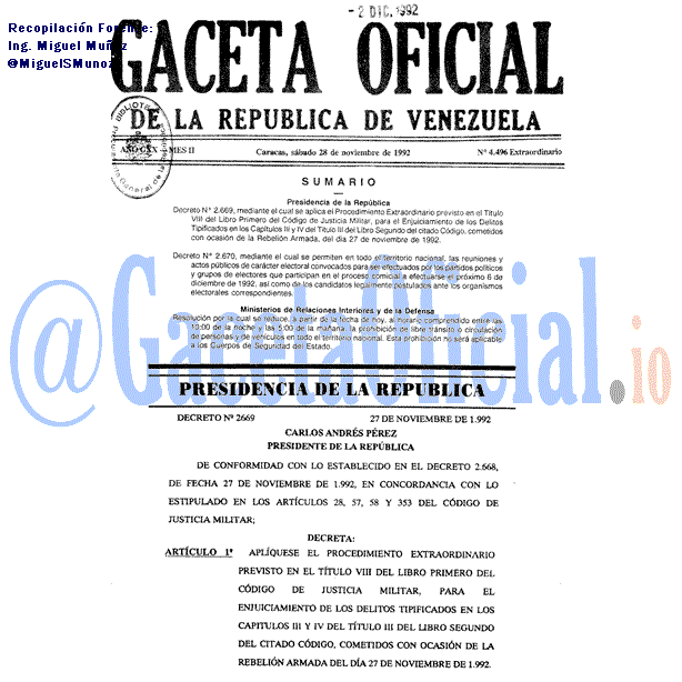 Gaceta Oficial 4496 del 28 Noviembre 1992