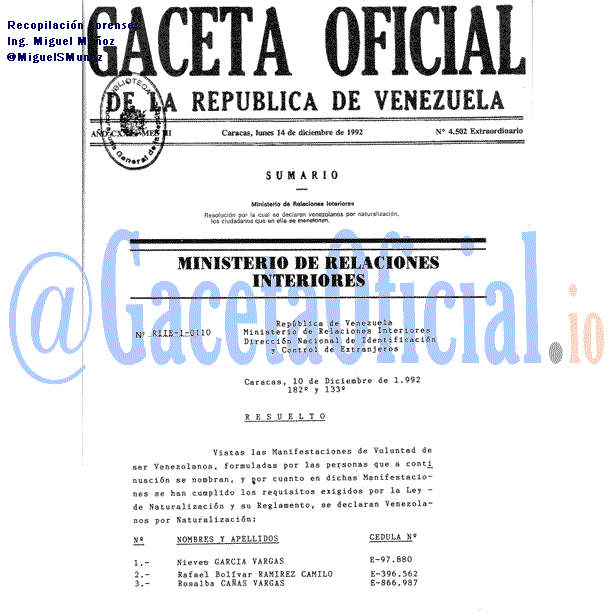 Gaceta Oficial 4502 del 14 Diciembre 1992