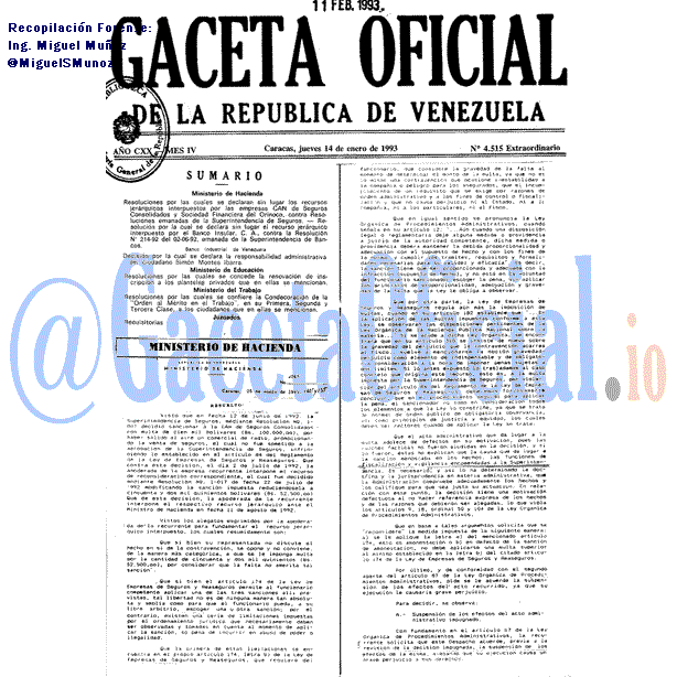 Gaceta Oficial 4515 del 14 Enero 1993